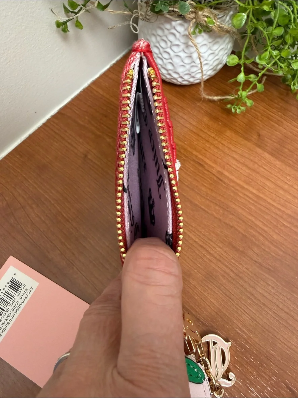 Juicy Couture Red and White Stripe Coin Pouch with Pink Strawberry Charm NWT